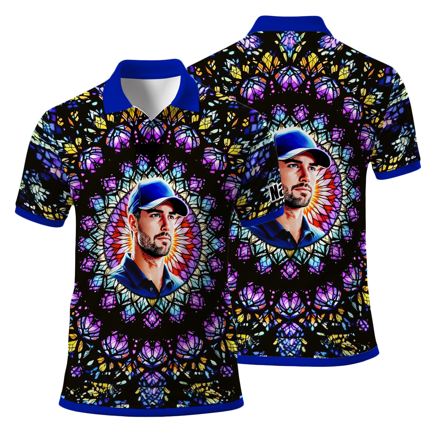 Custom Face Golf Polo Shirt – Personalized Stained Glass Mandala Style Polo, Unique Gift for Men & Women, Vibrant Artistic Golf Shirt, Custom Photo Polo