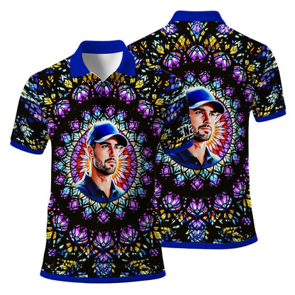 Custom Face Golf Polo Shirt – Personalized Stained Glass Mandala Style Polo, Unique Gift for Men & Women, Vibrant Artistic Golf Shirt, Custom Photo Polo