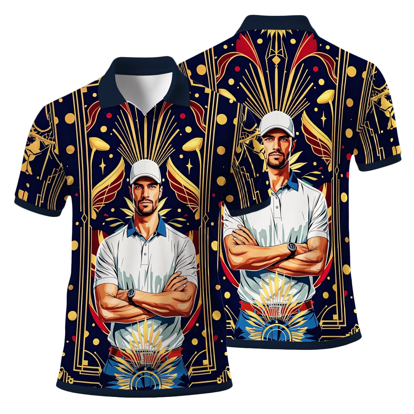 Custom Face Golf Polo Shirt – Swing in Gold Art Deco Revival Style | Personalized Golf Shirt for Men Style 4