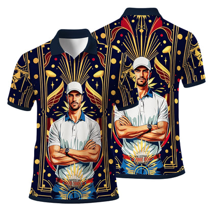 Custom Face Golf Polo Shirt – Swing in Gold Art Deco Revival Style | Personalized Golf Shirt for Men Style 4