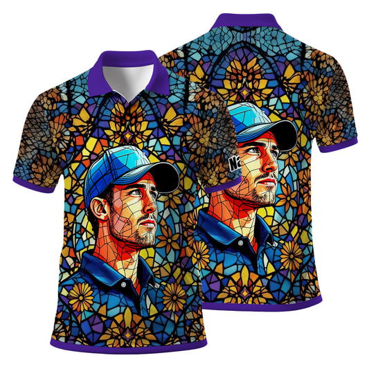 Custom Face Golf Polo Shirt – Personalized Stained Glass Art Shirt, Unique Golf Gift for Him, Colorful Abstract Golf Polo, Custom Sportswear