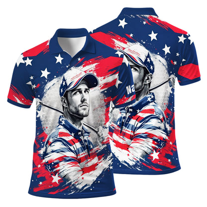 HomyGifts Men's Customized Face Artistic Golf Polo Shirt, Personalized American Flag Design, Unique Gift for Patriotic Golfers Style 17