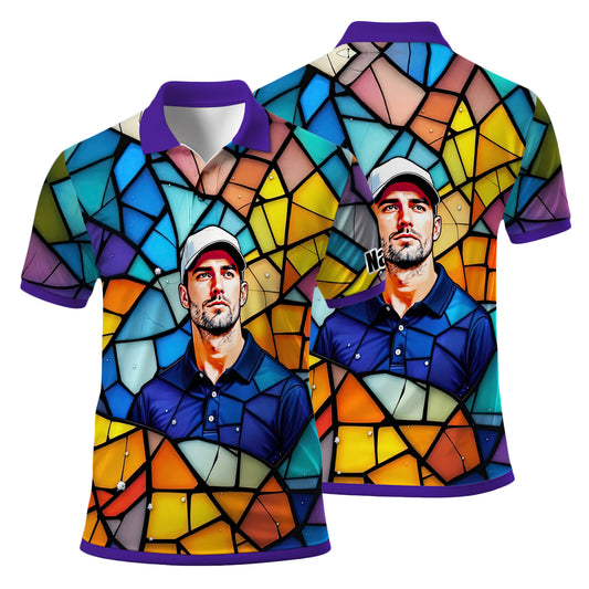 Custom Face Golf Polo Shirt – Personalized Stained Glass Art Shirt, Unique Golf Gift for Him, Colorful Abstract Golf Polo, Custom Sportswear