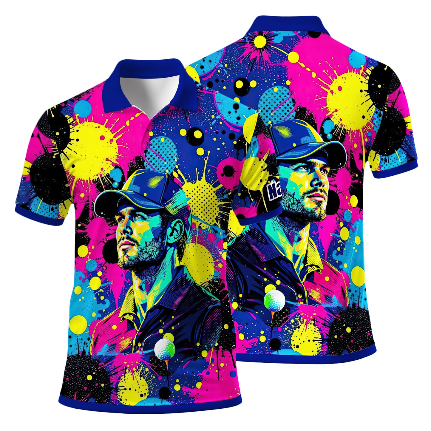 HomyGifts Men's Customized Face Artistic Golf Polo Shirt, Personalized Pop Art Golf Polo, Portrait Gift for Golfers Style 2