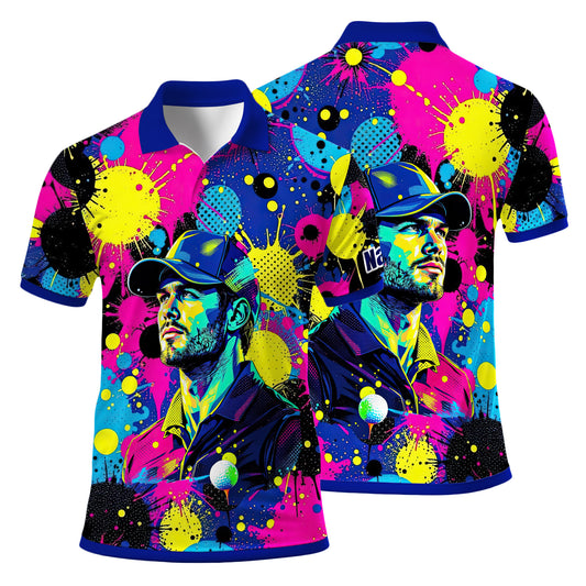 HomyGifts Men's Customized Face Artistic Golf Polo Shirt, Personalized Pop Art Golf Polo, Portrait Gift for Golfers Style 2