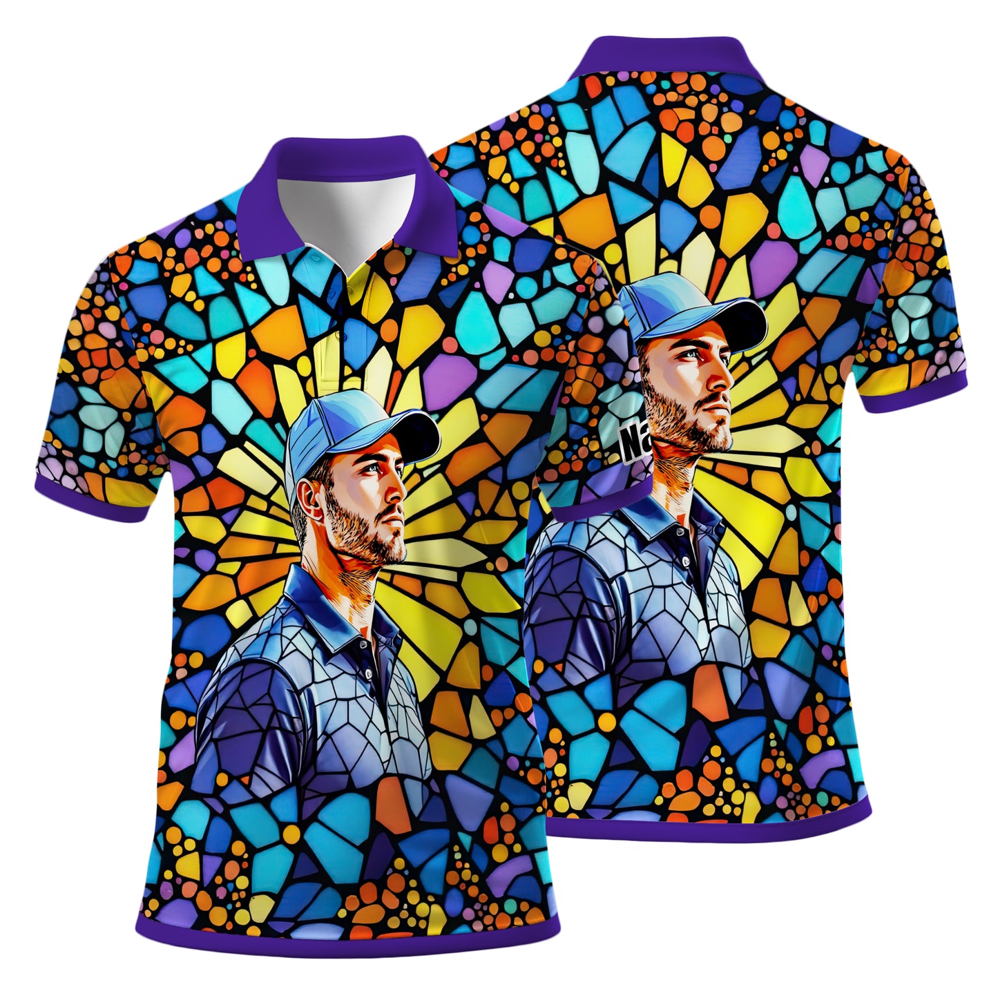 Custom Face Golf Polo Shirt – Personalized Stained Glass Art Shirt, Unique Golf Gift for Him, Colorful Abstract Golf Polo, Custom Sportswear