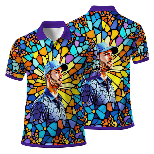 Custom Face Golf Polo Shirt – Personalized Stained Glass Art Shirt, Unique Golf Gift for Him, Colorful Abstract Golf Polo, Custom Sportswear