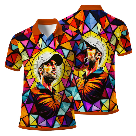 HomyGifts Men's Customized Face Artistic Golf Polo Shirt, Angular Geometric Glass Pattern, Stained-Glass Mosaic Print, Personalized Sublimation Golf Shirt, Vibrant Geometric Portrait Tee
