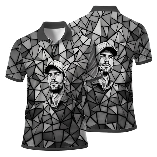Angular Geometric Glass Pattern Custom Face Polo — Stained-Glass Mosaic Print, Personalized Sublimation Golf Shirt, Vibrant Geometric Portrait Tee