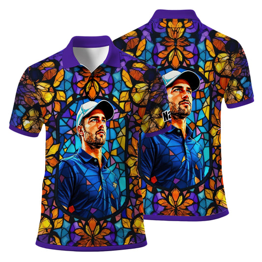 Custom Face Golf Polo Shirt – Personalized Stained Glass Art Shirt, Unique Golf Gift for Him, Colorful Abstract Golf Polo, Custom Sportswear