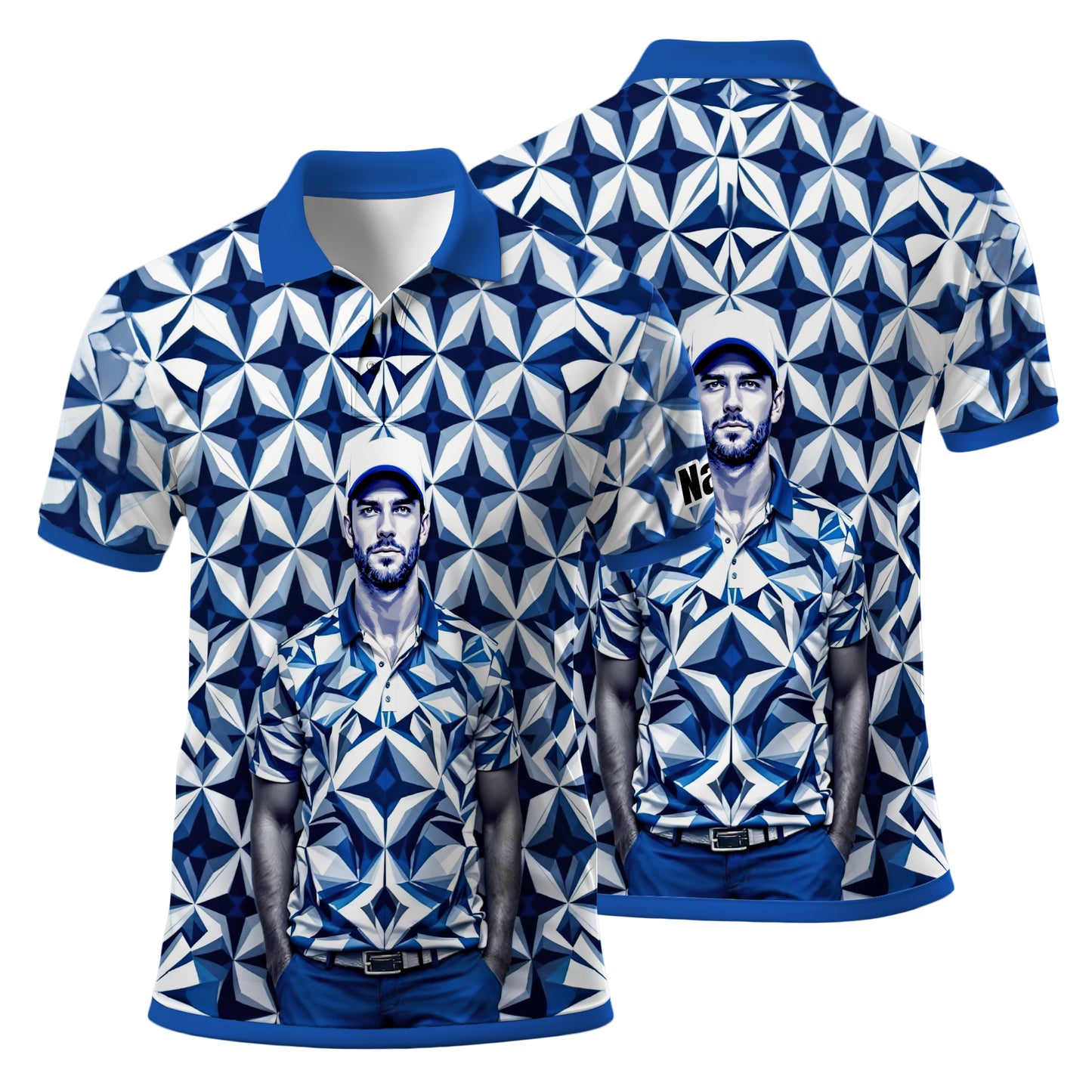 Custom Face Polo Shirt – Geometric Diamond Pattern | Personalized Photo Golf Polo | Unique Gift for Him, Retro Geometric Style Shirt Style 17