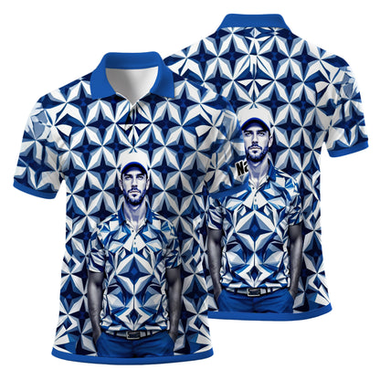 Custom Face Polo Shirt – Geometric Diamond Pattern | Personalized Photo Golf Polo | Unique Gift for Him, Retro Geometric Style Shirt Style 17