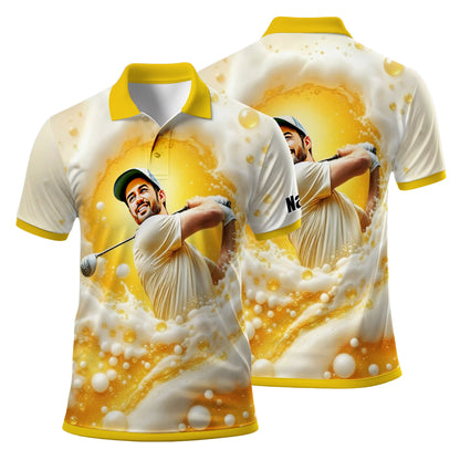HomyGifts Men's Customized Face Artistic Golf Polo Shirt, Beer pattern Design, Special Gift for Beer & Golf Lovers, Summer Party Outfit, Unique Gift for Men Style 12