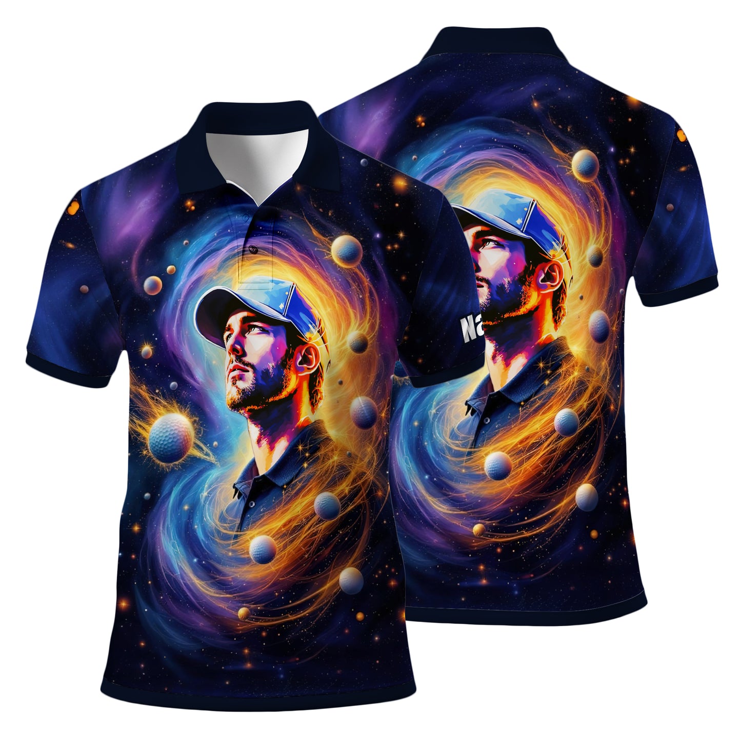 Custom Cosmic Portrait Polo Shirt – Personalized Surreal Galaxy Art with Your Face | Unique Gift for Golfers, Sports & Astrology Fans Style 4