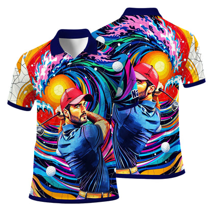 HomyGifts Men's Customized Face Artistic Golf Polo Shirt, Mosaic Art Style, Unique Personalized Golf Polo For Men Style 12