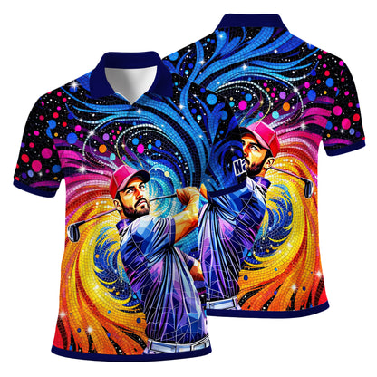 HomyGifts Men's Customized Face Artistic Golf Polo Shirt, Mosaic Art Style, Unique Personalized Golf Polo For Men