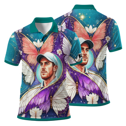 Custom Face Butterfly Golf Polo Shirt – Personalized Spring Mirage Art Style – Unique Gift for Him, Nature Inspired Men's Shirt Style 5