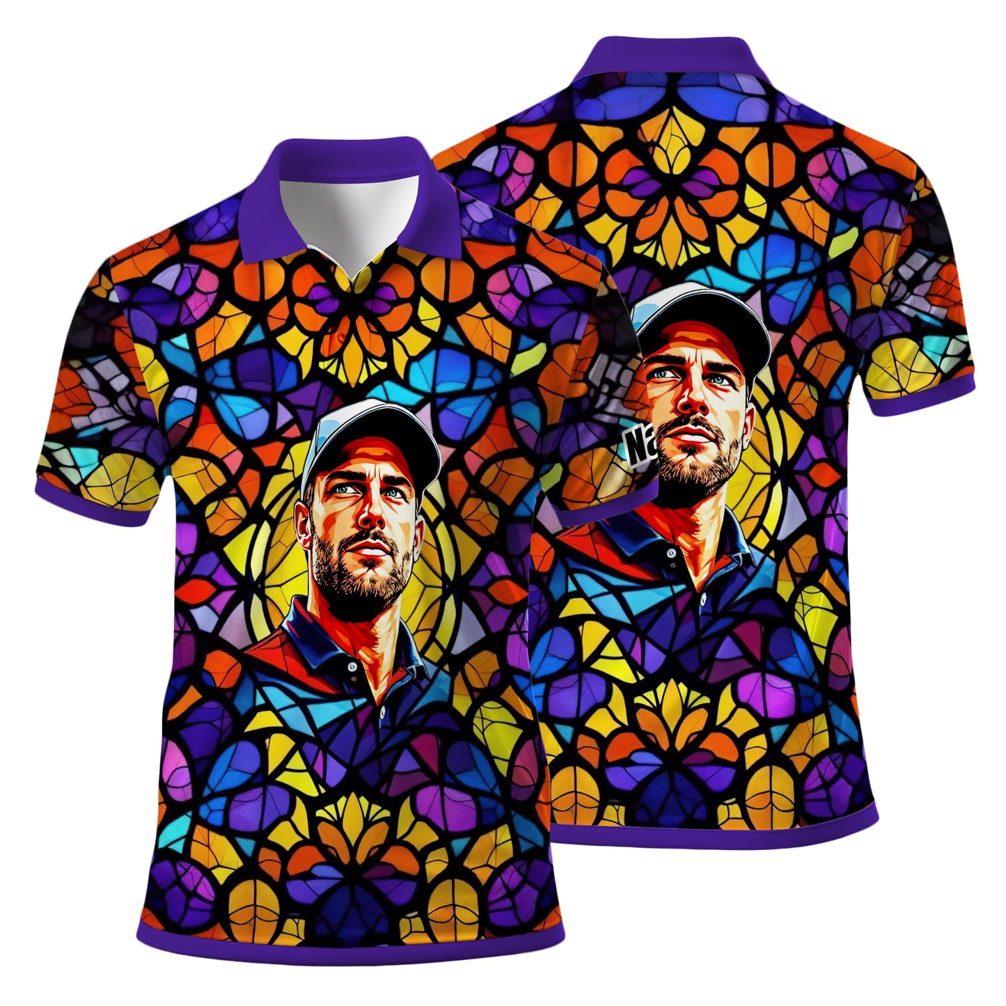 Custom Face Golf Polo Shirt – Personalized Stained Glass Art Shirt, Unique Golf Gift for Him, Colorful Abstract Golf Polo, Custom Sportswear