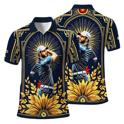Custom Face Golf Polo Shirt – Swing in Gold Art Deco Revival Style | Personalized Golf Shirt for Men Style 5