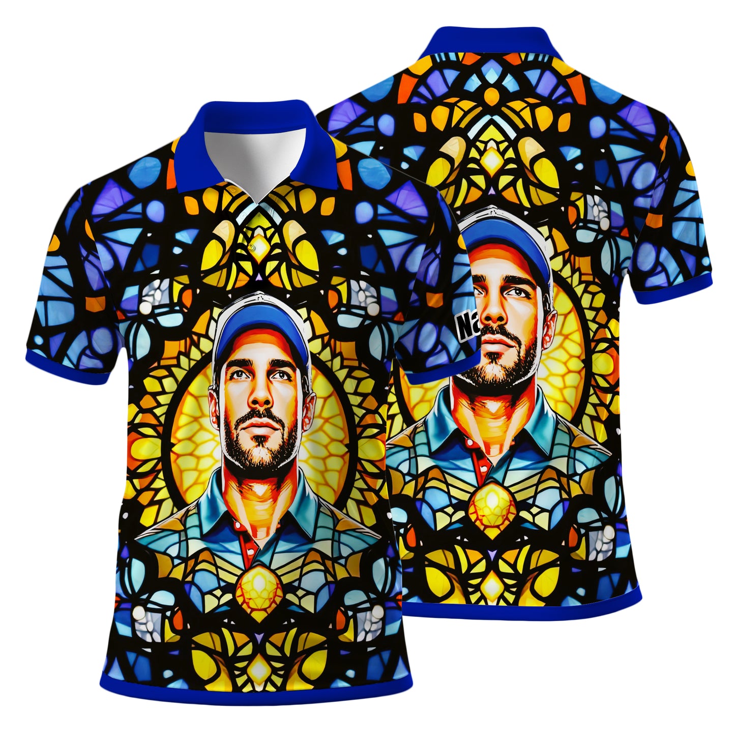 Custom Face Golf Polo Shirt – Personalized Stained Glass Mandala Style Polo, Unique Gift for Men & Women, Vibrant Artistic Golf Shirt, Custom Photo Polo