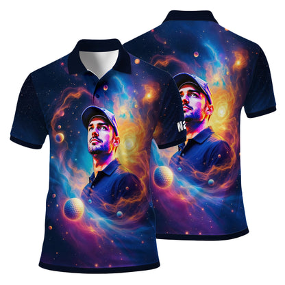 Custom Cosmic Portrait Polo Shirt – Personalized Surreal Galaxy Art with Your Face | Unique Gift for Golfers, Sports & Astrology Fans Style 5