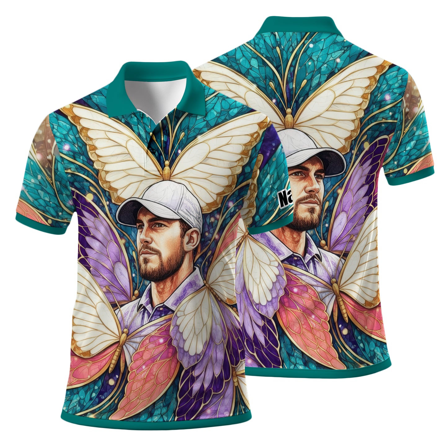 Custom Face Butterfly Golf Polo Shirt – Personalized Spring Mirage Art Style – Unique Gift for Him, Nature Inspired Men's Shirt Style 4