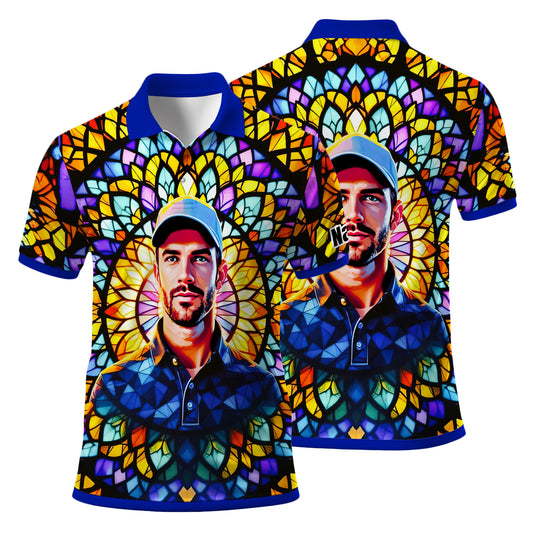 Custom Face Golf Polo Shirt – Personalized Stained Glass Mandala Style Polo, Unique Gift for Men & Women, Vibrant Artistic Golf Shirt, Custom Photo Polo