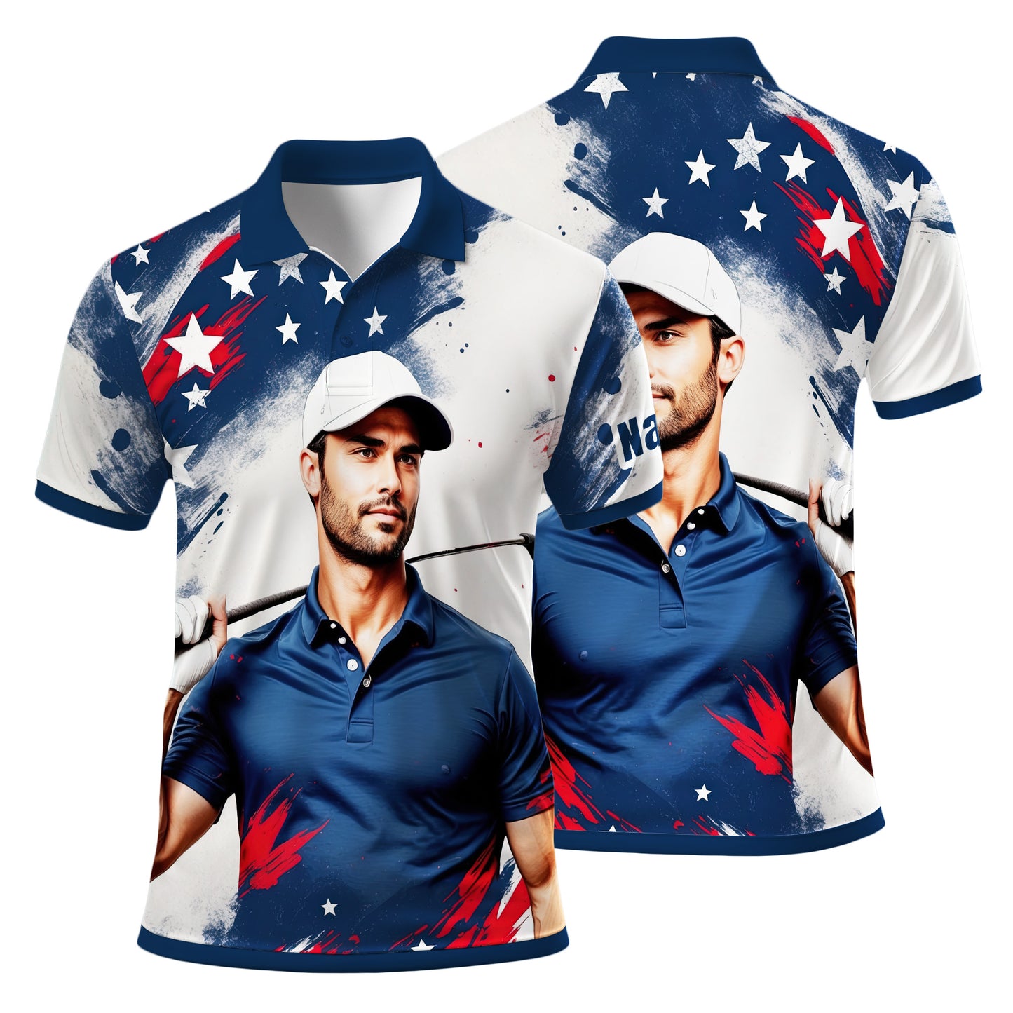 HomyGifts Men's Customized Face Artistic Golf Polo Shirt, Personalized American Flag Design, Unique Gift for Patriotic Golfers Style 28