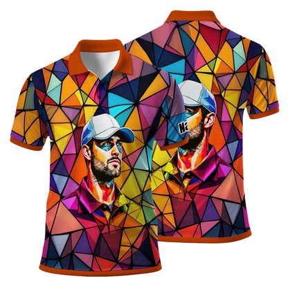 Angular Geometric Glass Pattern Custom Face Polo — Stained-Glass Mosaic Print, Personalized Sublimation Golf Shirt, Vibrant Geometric Portrait Tee