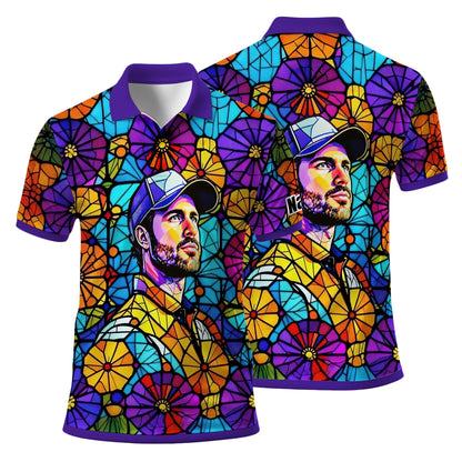 Custom Face Golf Polo Shirt – Personalized Stained Glass Art Shirt, Unique Golf Gift for Him, Colorful Abstract Golf Polo, Custom Sportswear