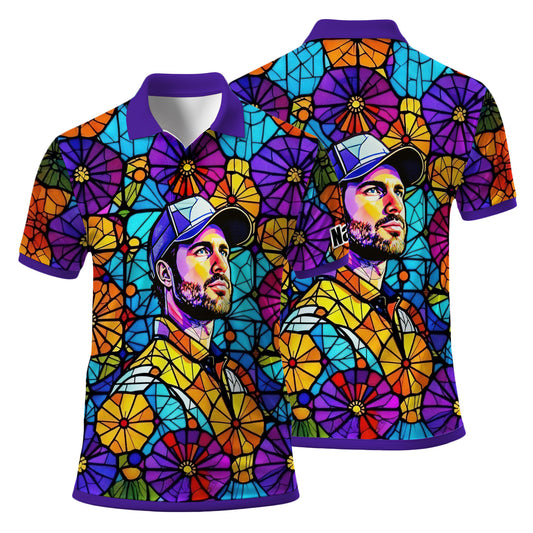 Custom Face Golf Polo Shirt – Personalized Stained Glass Art Shirt, Unique Golf Gift for Him, Colorful Abstract Golf Polo, Custom Sportswear