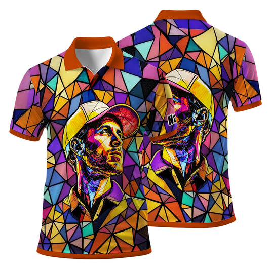 HomyGifts Men's Customized Face Artistic Golf Polo Shirt, Angular Geometric Glass Pattern, Stained-Glass Mosaic Print, Personalized Sublimation Golf Shirt, Vibrant Geometric Portrait Tee