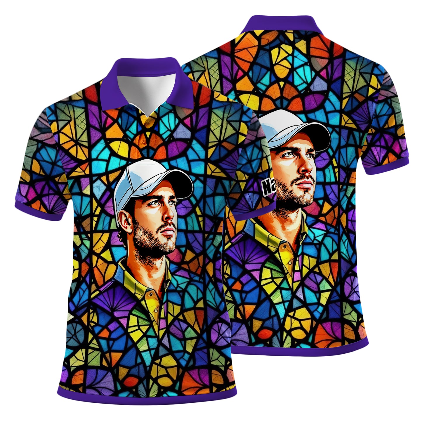 Custom Face Golf Polo Shirt – Personalized Stained Glass Art Shirt, Unique Golf Gift for Him, Colorful Abstract Golf Polo, Custom Sportswear