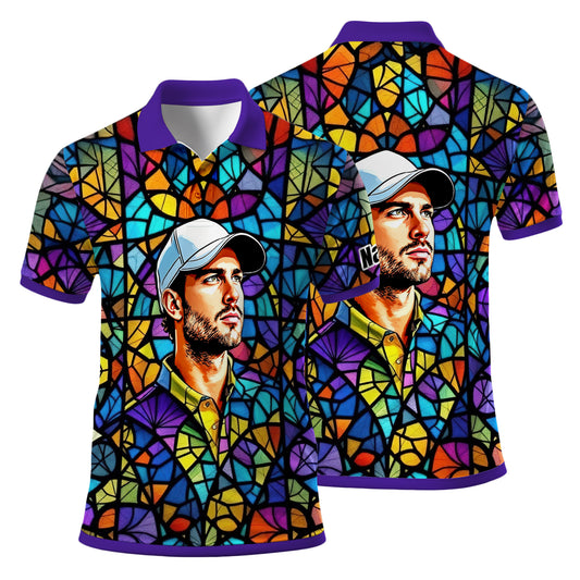 Custom Face Golf Polo Shirt – Personalized Stained Glass Art Shirt, Unique Golf Gift for Him, Colorful Abstract Golf Polo, Custom Sportswear