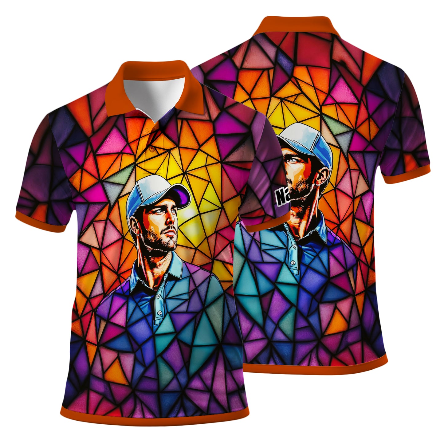 HomyGifts Men's Customized Face Artistic Golf Polo Shirt, Angular Geometric Glass Pattern, Stained-Glass Mosaic Print, Personalized Sublimation Golf Shirt, Vibrant Geometric Portrait Tee