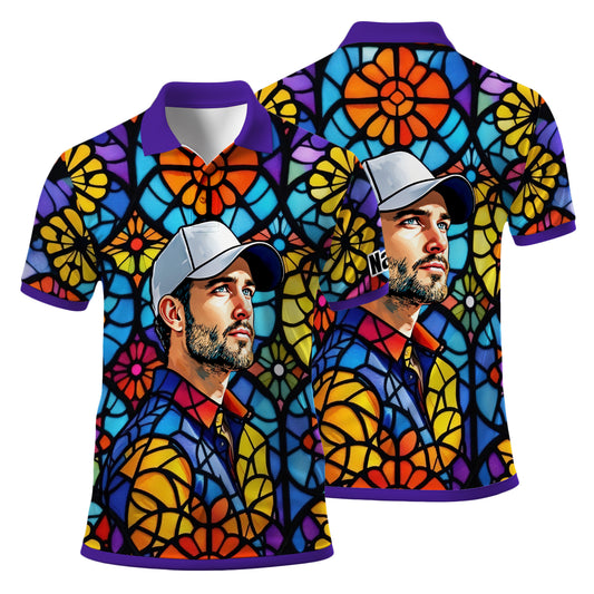 Custom Face Golf Polo Shirt – Personalized Stained Glass Art Shirt, Unique Golf Gift for Him, Colorful Abstract Golf Polo, Custom Sportswear