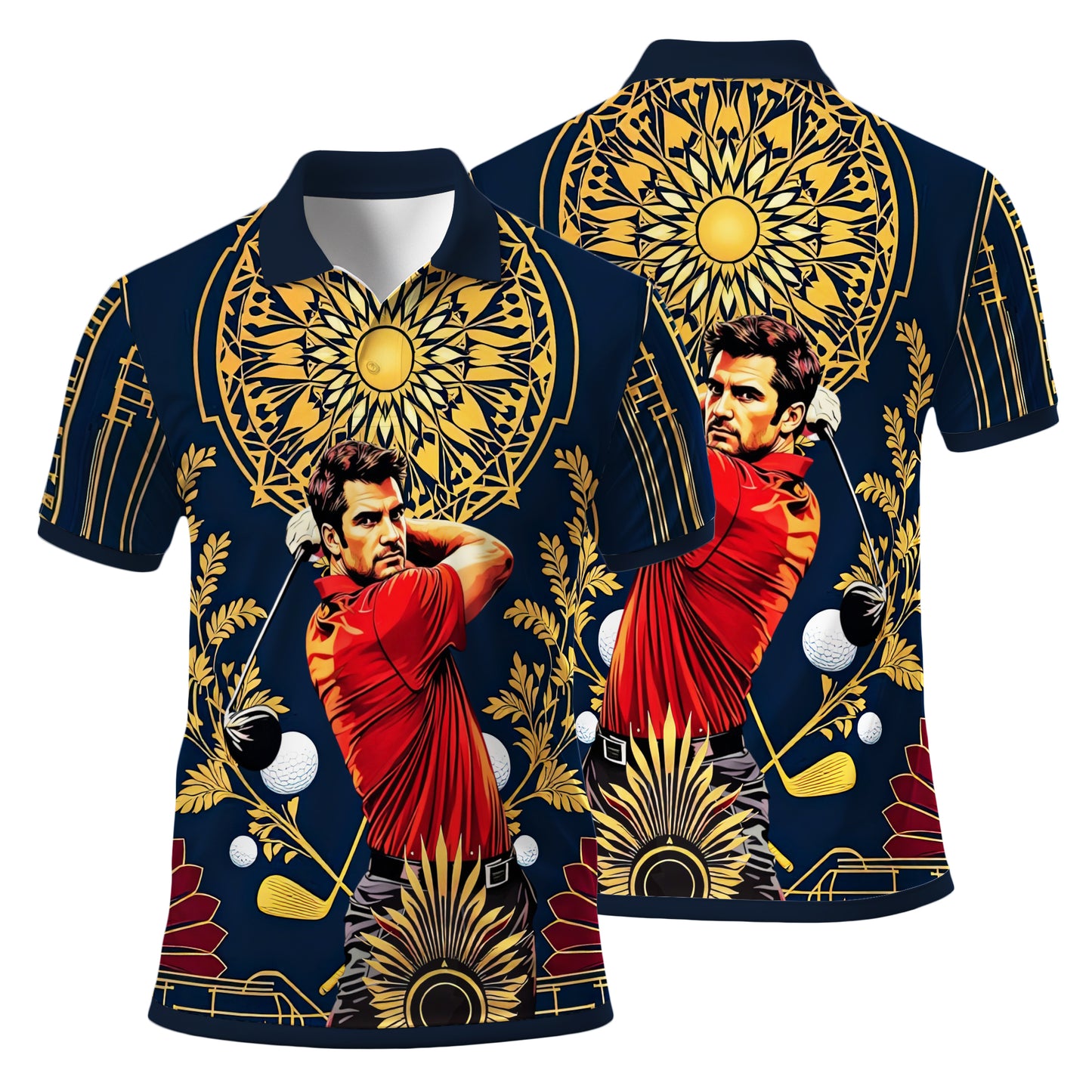 Custom Face Golf Polo Shirt – Swing in Gold Art Deco Revival Style | Personalized Golf Shirt for Men Style 8