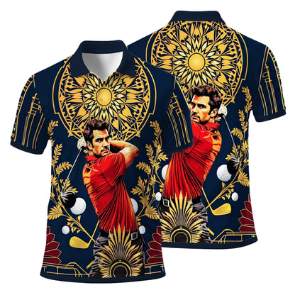 Custom Face Golf Polo Shirt – Swing in Gold Art Deco Revival Style | Personalized Golf Shirt for Men Style 8