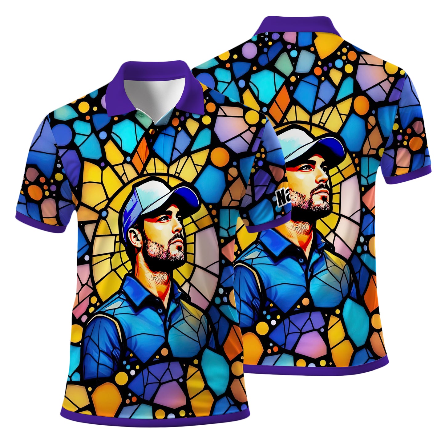 Custom Face Golf Polo Shirt – Personalized Stained Glass Art Shirt, Unique Golf Gift for Him, Colorful Abstract Golf Polo, Custom Sportswear