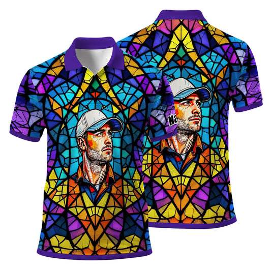 Custom Face Golf Polo Shirt – Personalized Stained Glass Art Shirt, Unique Golf Gift for Him, Colorful Abstract Golf Polo, Custom Sportswear
