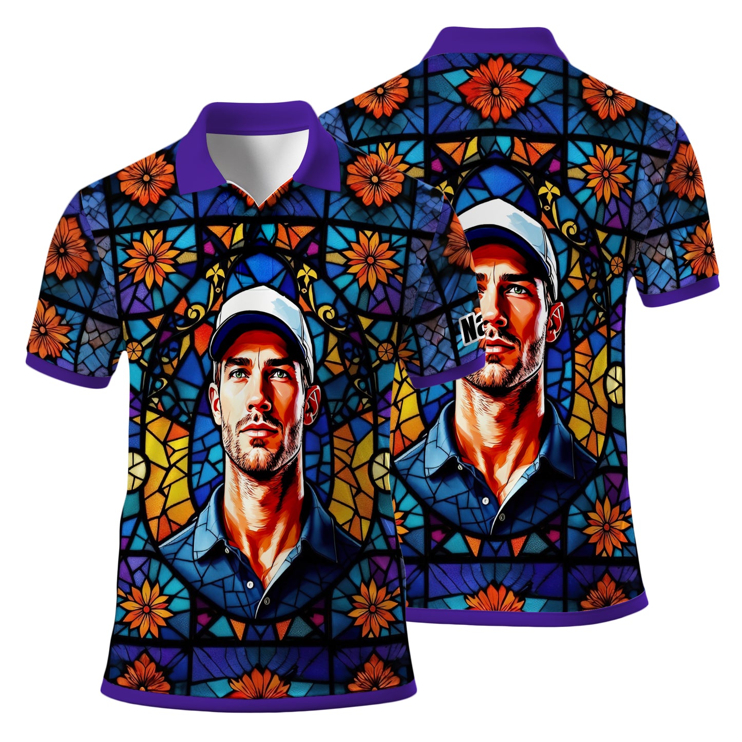 Custom Face Golf Polo Shirt – Personalized Stained Glass Art Shirt, Unique Golf Gift for Him, Colorful Abstract Golf Polo, Custom Sportswear