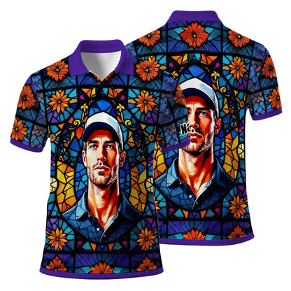 Custom Face Golf Polo Shirt – Personalized Stained Glass Art Shirt, Unique Golf Gift for Him, Colorful Abstract Golf Polo, Custom Sportswear