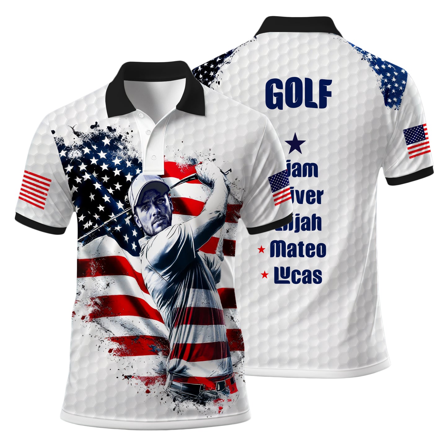 HomyGifts Men's Customized Face Artistic Golf Polo Shirt, Personalized American Flag Design, Unique Gift for Patriotic Golfers Style 6
