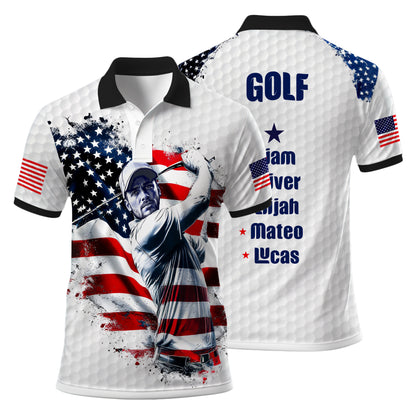 HomyGifts Men's Customized Face Artistic Golf Polo Shirt, Personalized American Flag Design, Unique Gift for Patriotic Golfers Style 6
