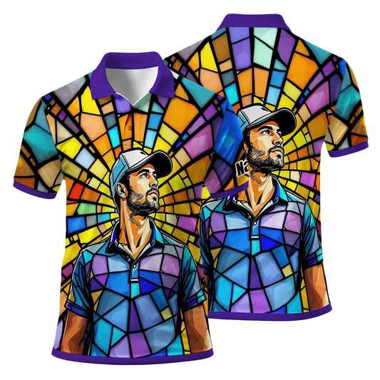 Custom Face Golf Polo Shirt – Personalized Stained Glass Art Shirt, Unique Golf Gift for Him, Colorful Abstract Golf Polo, Custom Sportswear