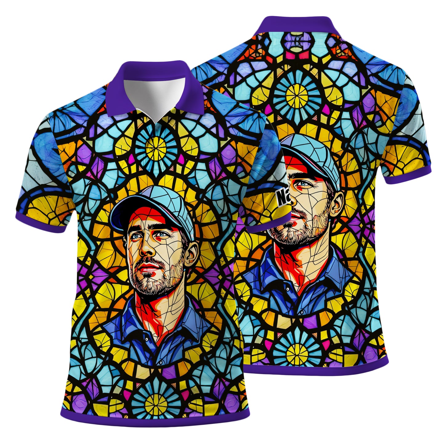 Custom Face Golf Polo Shirt – Personalized Stained Glass Art Shirt, Unique Golf Gift for Him, Colorful Abstract Golf Polo, Custom Sportswear