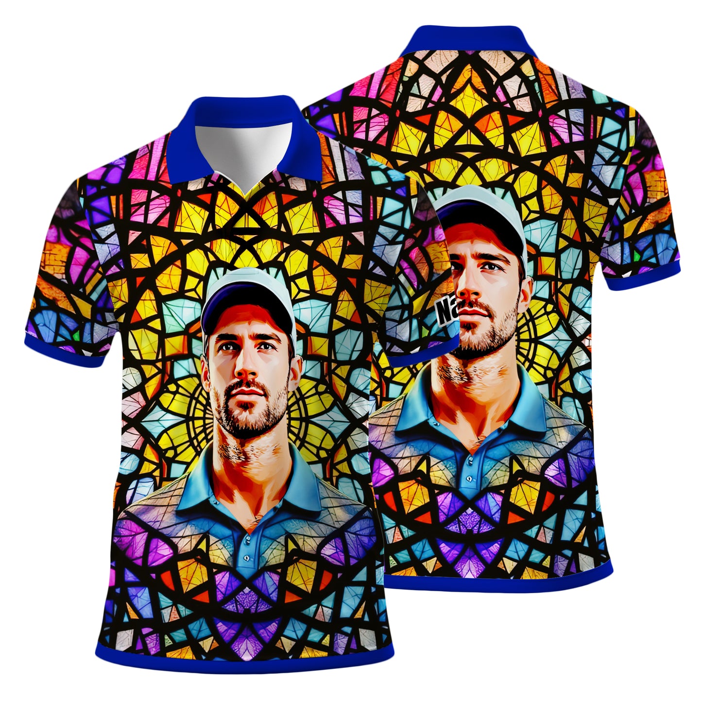 Custom Face Golf Polo Shirt – Personalized Stained Glass Mandala Style Polo, Unique Gift for Men & Women, Vibrant Artistic Golf Shirt, Custom Photo Polo