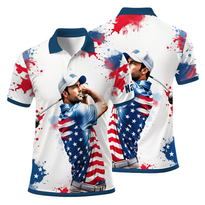 HomyGifts Men's Customized Face Artistic Golf Polo Shirt, Personalized American Flag Design, Unique Gift for Patriotic Golfers Style 20