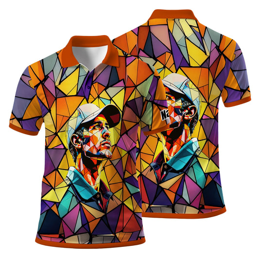 Angular Geometric Glass Pattern Custom Face Polo — Stained-Glass Mosaic Print, Personalized Sublimation Golf Shirt, Vibrant Geometric Portrait Tee