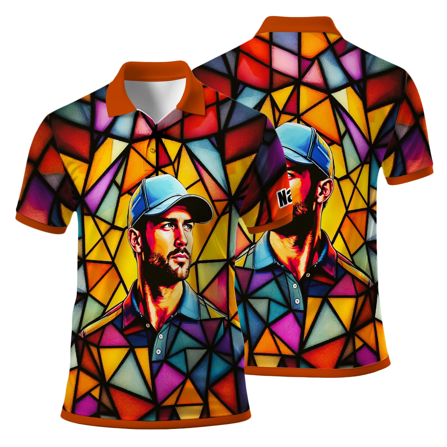 HomyGifts Men's Customized Face Artistic Golf Polo Shirt, Angular Geometric Glass Pattern, Stained-Glass Mosaic Print, Personalized Sublimation Golf Shirt, Vibrant Geometric Portrait Tee